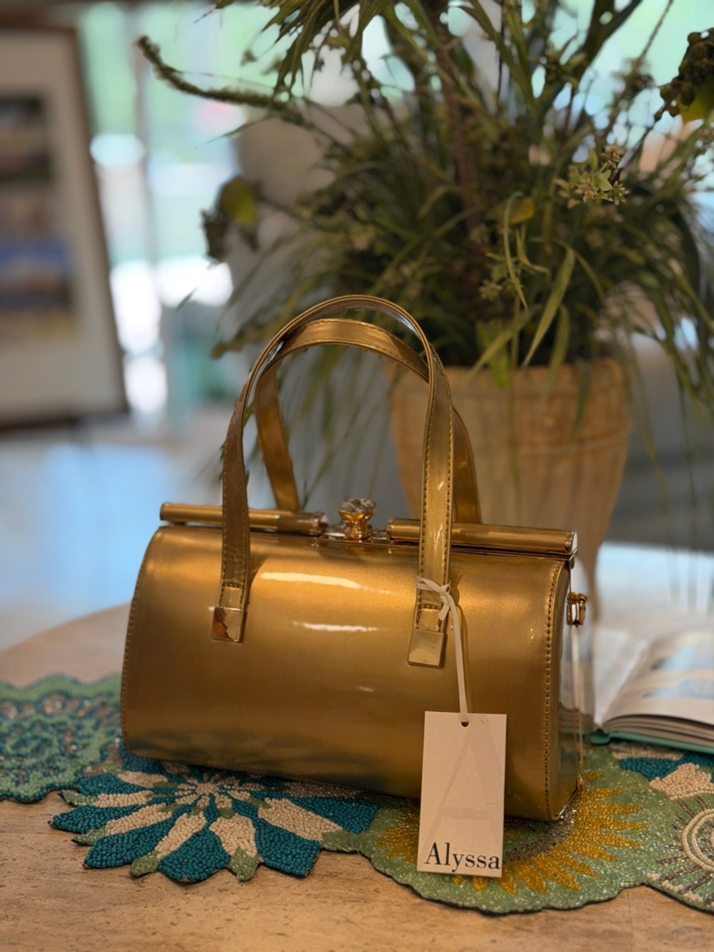 NWT Boutique Alyssa Gold Patent Barrel "Doris" inspired w/crossbody strap